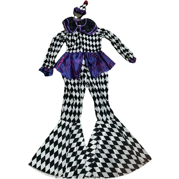 Italian Harlequin Jester Carnival Clown Costume Youth Size 14-16 Black & White - Picture 9 of 10
